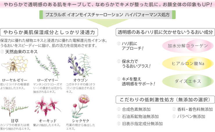 やわらかで透明感のある肌をキープして、なめらかでキメが整った肌に。天然由来のエキス、ローヤルゼリー、ローズマリー、オウゴン、甘草、オーキッド、シャクヤク、加水分解コラーゲン、ヒアルロン酸Na、ダイズエキス配合